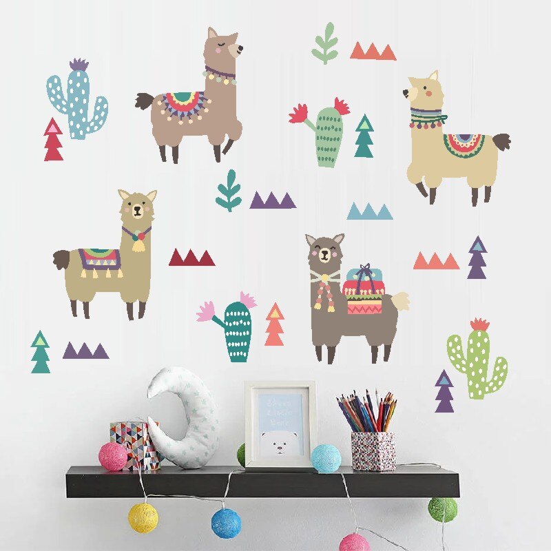 Tofok Indian Style Alpaca Cactus Children Room Wall Stickers Cartoon Animal Removable Decals Nursery Home Decoration Paste