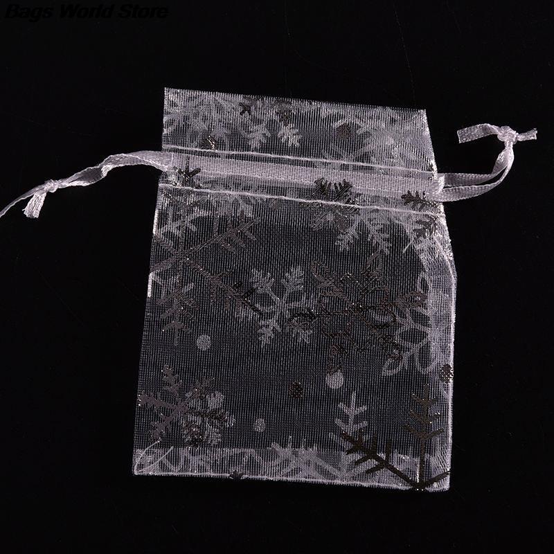 100 Stks/partij Verpakking Tassen Wit Met Zilveren Sneeuwvlok Christmas Pouches Organza Zakjes Gunst Van Candy Snoepjes Opslag