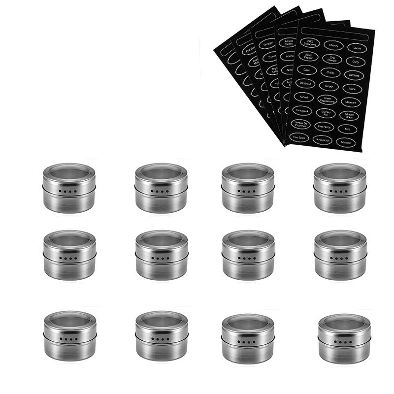 Magnetische Kruidkruik Set Met Sticker Rvs Spice Blikken Spice Opslag Container Pot Keuken Kruiderij Houder Keuken Tool: 12 pcs