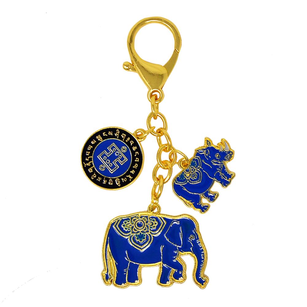 Porte-clés Anti-cambriolage Feng Shui, éléphant et rhinocéros bleus W4283