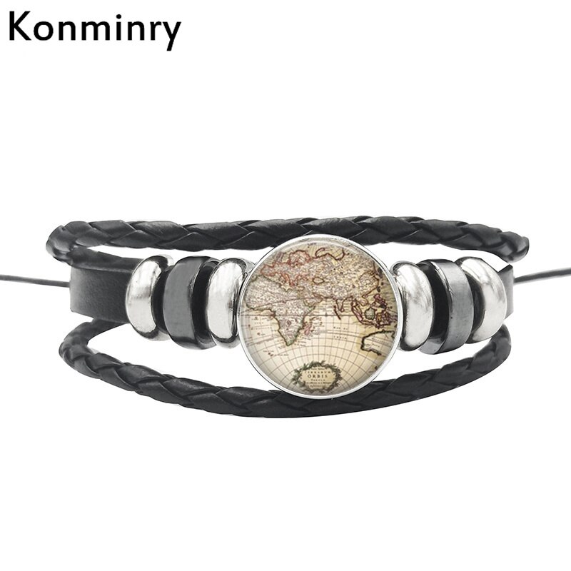 Vintage World Map Globe Leather Rope Bracelet Glass Dome Buttons Africa Bangle For Women Men Jewelry: 7