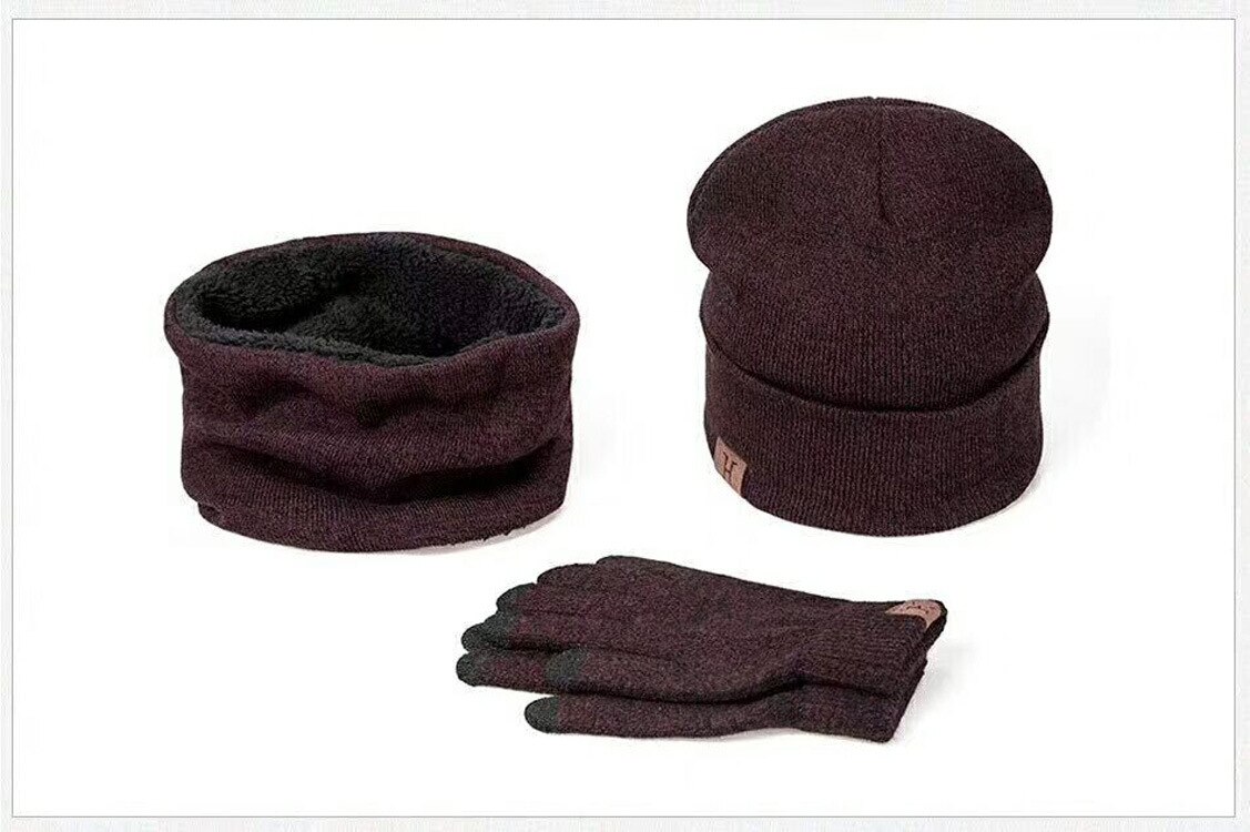 Zou.Rena sombreros de invierno bufandas guantes Conjunto de de Punto más terciopelo sombrero bufanda conjunto Kit masculino 3 unids/set gorros bufanda guante: Color vino