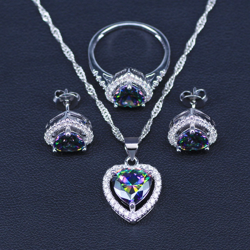 Heart Silver Color Jewelry Set Rainbow Zircon White CZ Jewelry Sets For Women Wedding Necklace/Earrings/Pendant/Ring