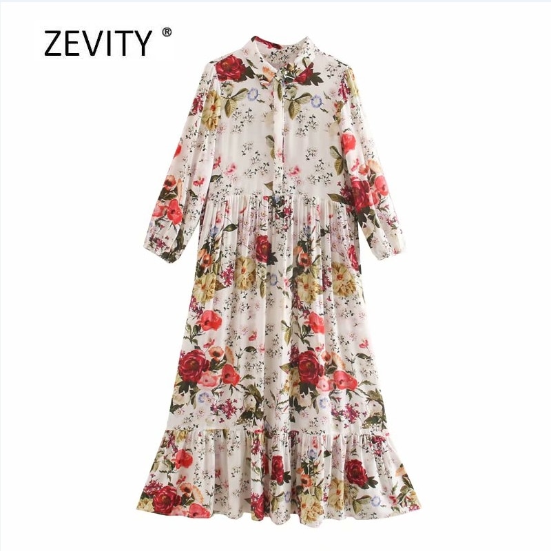 Kvinnor tropiskt blommönster ledig rak vestido midiklänning kvinnlig chic tre fjärdedels ärm fåll veck volangklänningar  ds4010