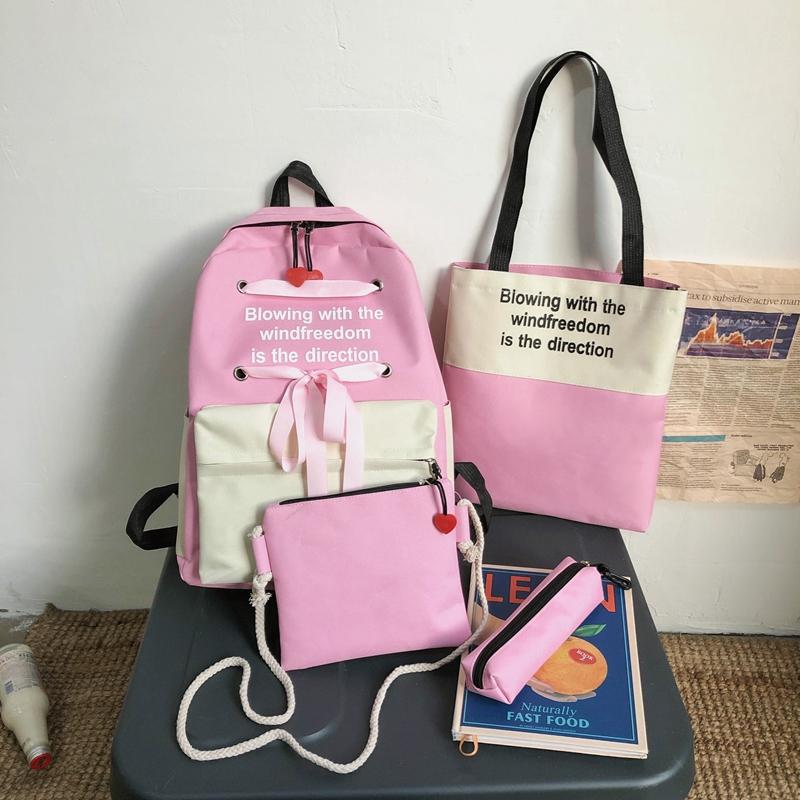 4 pièces ensemble sac à dos femmes Oxford sac à bandoulière grande capacité sac à dos pour adolescentes Mochilas femme sac à dos sac à dos: Pink Set