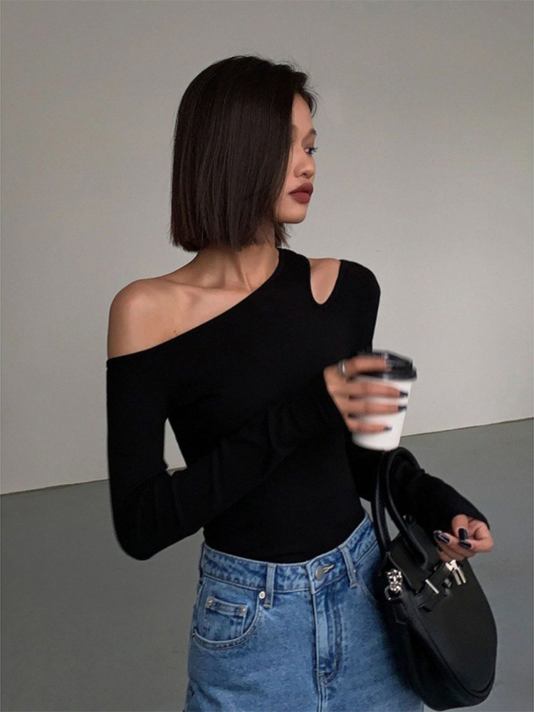 T-shirts med skæv krave og off-shoulder-ærmer til kvinder, forårssolid, slim fit, crop top, sexet, udhulet t-shirt