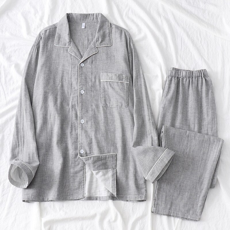 Conjunto de pijama de gasa de crepé doble para hombre y mujer, ropa de dormir con Camisa larga de algodón camisón de manga larga, novedad: Dark gray / XL