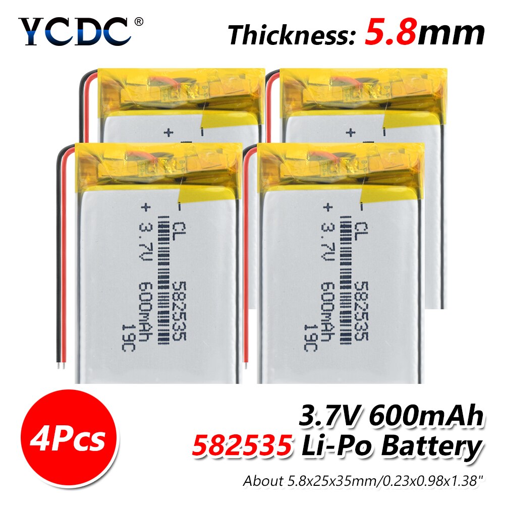 582535 3.7V 600mAh Rechargeable li lithium polymer li po Battery For Watch GPS LED Light MP3 Toy dvr navigation video recorder: 4 pieces