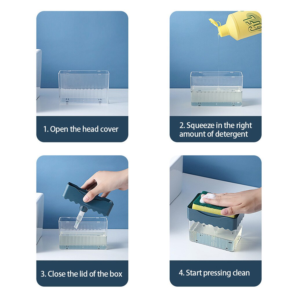 Dispensador de jabón tipo prensa para cocina, almohadilla de limpieza de esponja, contenedor de detergente, herramienta de limpieza del hogar