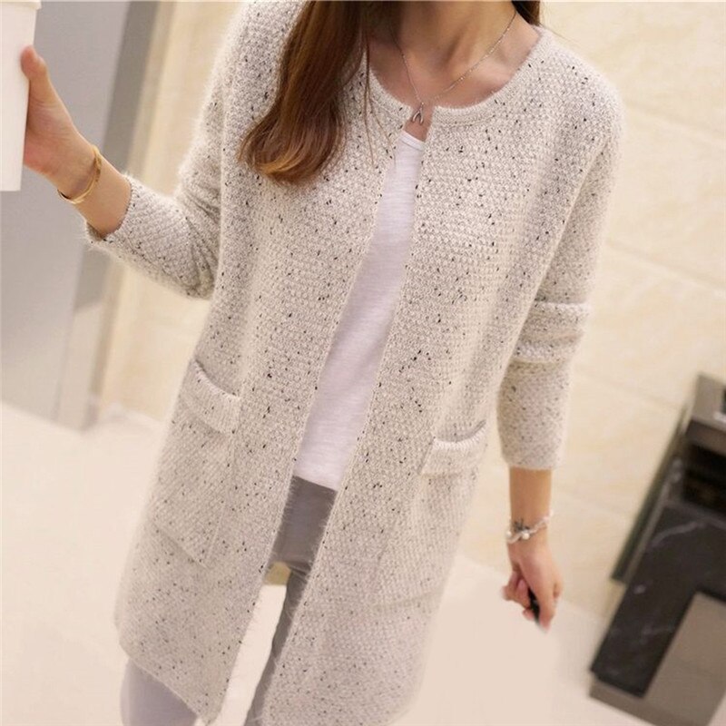 Vintervarme kvinder ensfarvede lommer striktrøje tunika cardigan hæklet dametrøjer tricotado cardigan: Beige / L