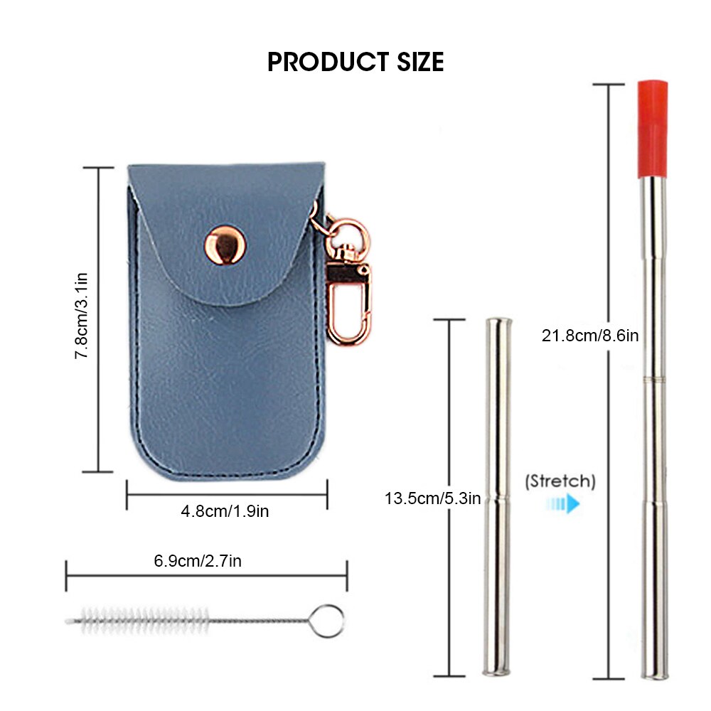Portable Stainless Steel Reusable Metal Straw Portable Collapsible Foldable with Case Cleaning Brush Bar Drinking Accessories: blue