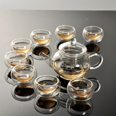 Heat-resistant transparent glass teapot double-layer small cups Kung Fu tea set small tea cup set teapot glass set: 03 Sets