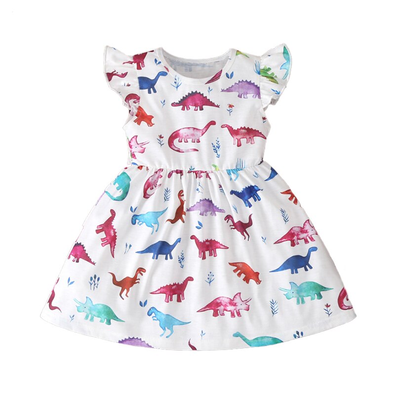 Casual Kids Baby Girls Dinosaur Dress Summer Ruffles Fly Sleeve O-Neck Dress Children Girl Cotton Clothes A-Line Dress 1-6Y: 2T