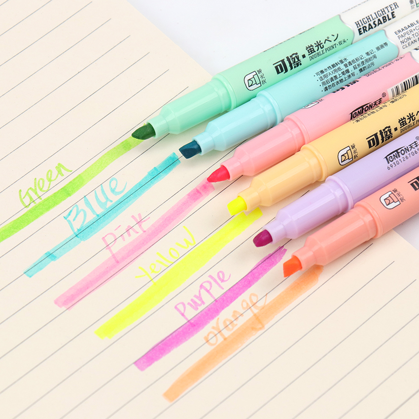 Rotuladores de resaltador de doble cabeza, Material de papelería Kawaii, útiles escolares de escritura, resaltador que se puede borrar, 6 uds.