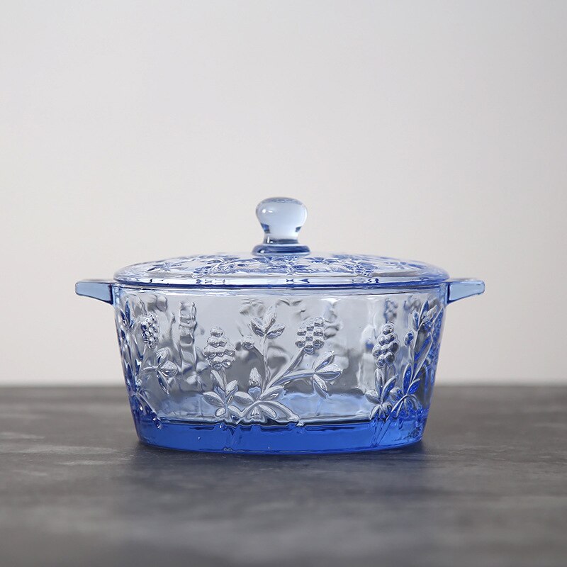 Bol à soupe en verre coloré, avec couvercle de bassin, relief Vintage sculpté, vaisselle en verre coloré de 700ml: Bleu