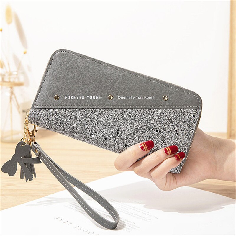 De luxe Long Portefeuille Pour Femmes Patchwork Paillette Embrayage Paillettes Pu Cuir Dames Sac de Téléphone Porte-Carte Porte-Monnaie Portefeuille Femme: Gray