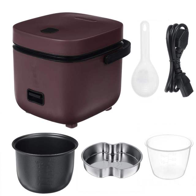 1Set 1.2L Mini Electric Rice Cooker Intelligent Automatic Household Kitchen Cooker 1-2 People Small Electric Rice Cookers: Burgundy