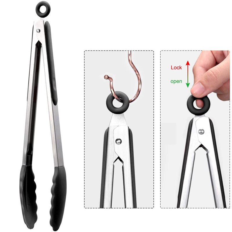 Juego de 3 pinzas de acero inoxidable para cocina utensilios de cocina con puntas de silicona, sin BPA, para ensalada, pan, pinzas para comida, herramientas para barbacoa
