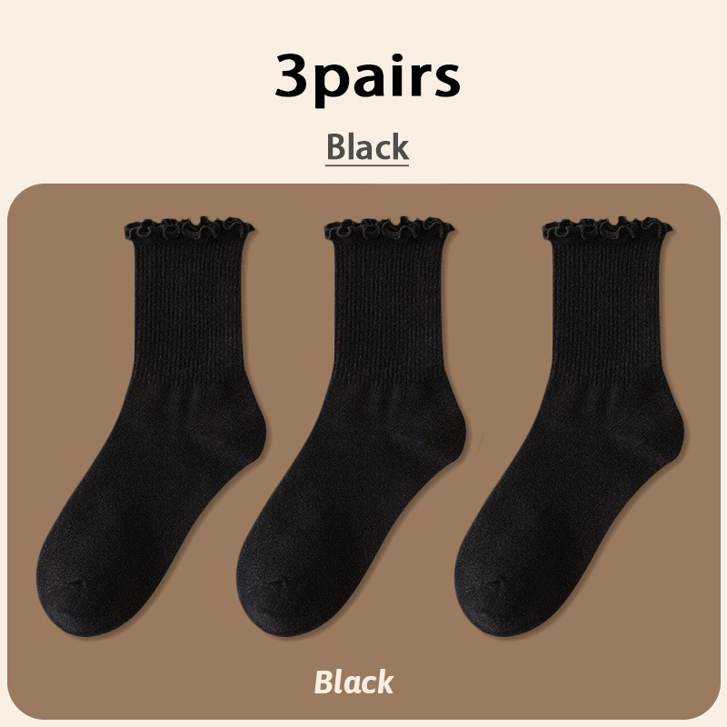 Calcetines con volantes para mujer, 3 par/lote, tubo medio hasta el tobillo, Calcetines blancos y negros transpirables, Calcetines femeninos para primavera y otoño: Negro
