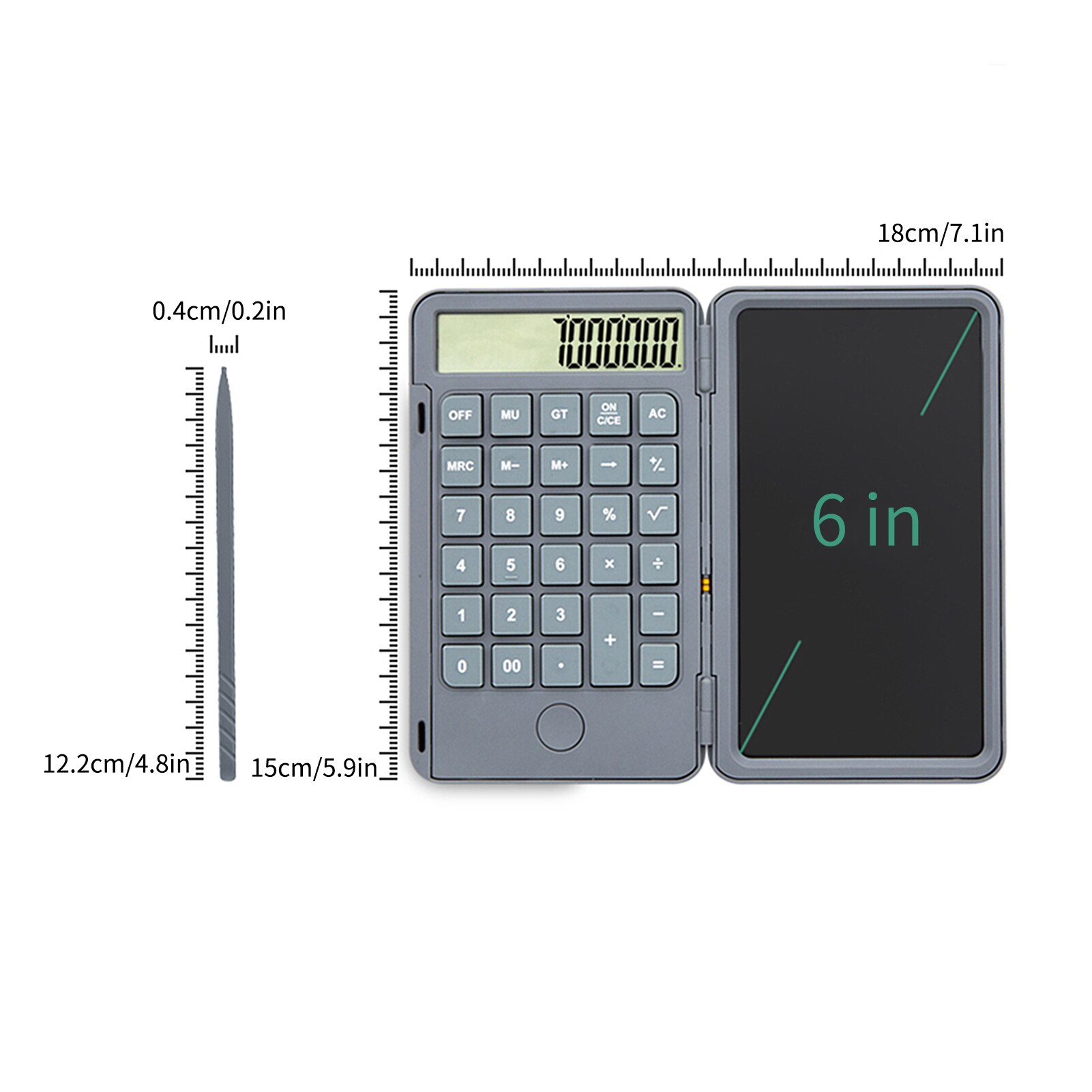 Calculator with 6 inch Writing Tablet Portable Foldable Smart Erasable LCD Graphics Rechargeable Battery 12 Digit Display
