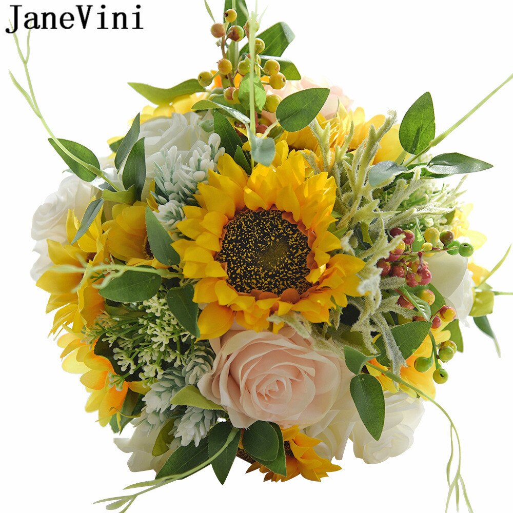JaneVini – Bouquet de mariée tournesol jaune, fausses fleurs, feuilles vertes, roses artificielles, broches de mariée,