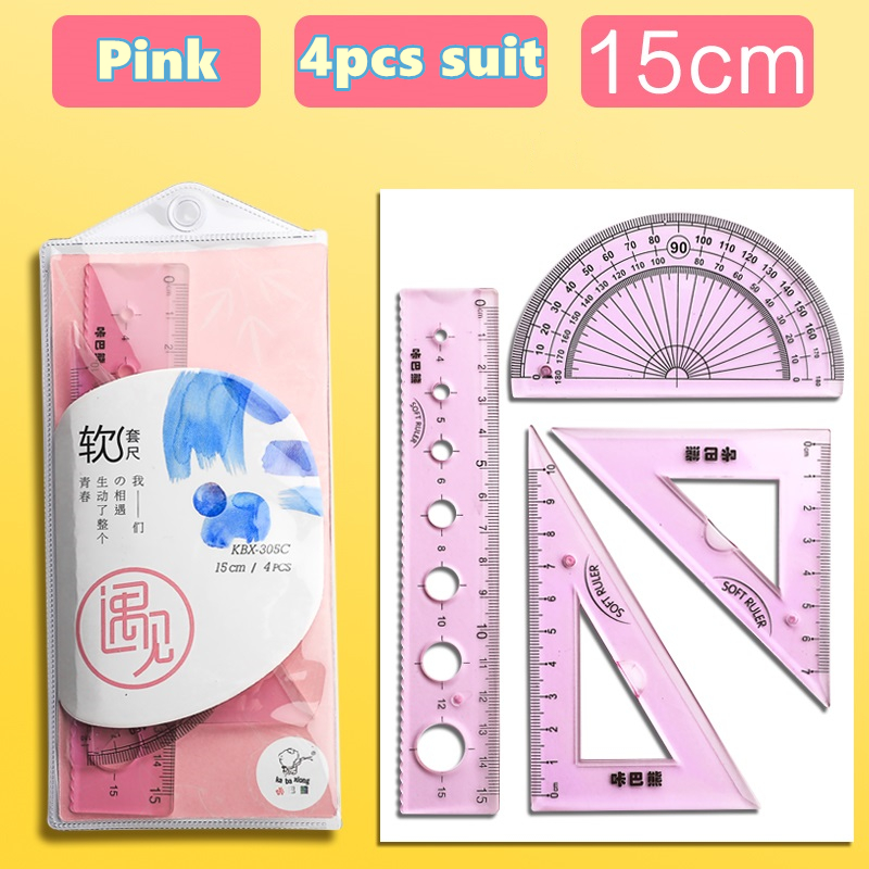 4 sztuk miękka linijka garnitur 15cm 20cm elastyczne wyczyść skala prosto trójkątne linijki kątomierz miara rysunek szkolne A6712: różowy 15cm