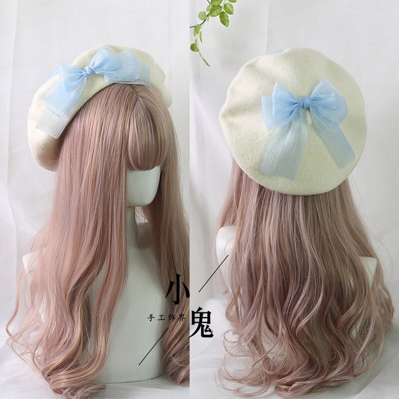 Muticolors Lolita berety mieszanka wełny kapelusz kobiety kokardka dziewczęca styl marynarski elegancki, szykowny czapka studencka: light blue bow