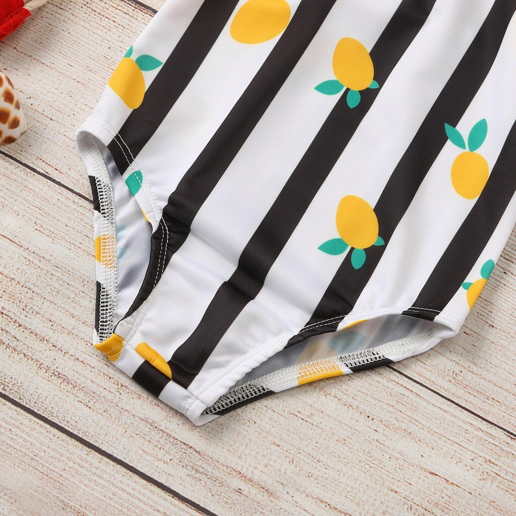 Swimsuit For Girls One-Piece Sleeveless Striped Lemon Print Ruffle Bikini Beachwear Cute Bathing Children's Swimsuit