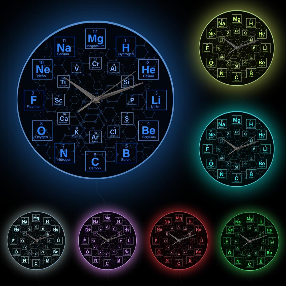 Tabla periódica de los elementos químicos, reloj de pared de ciencia, arte de pared, decoración para aula, reloj de pared, para profesores de Química: White Frame With LED