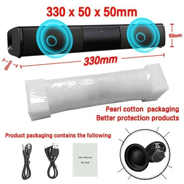 Hjemmekino bærbare trådløse bluetooth-høyttalere kolonne hifi stereo bass lydstang fm radio usb subwoofer for datatelefon: 330 mm bs28a