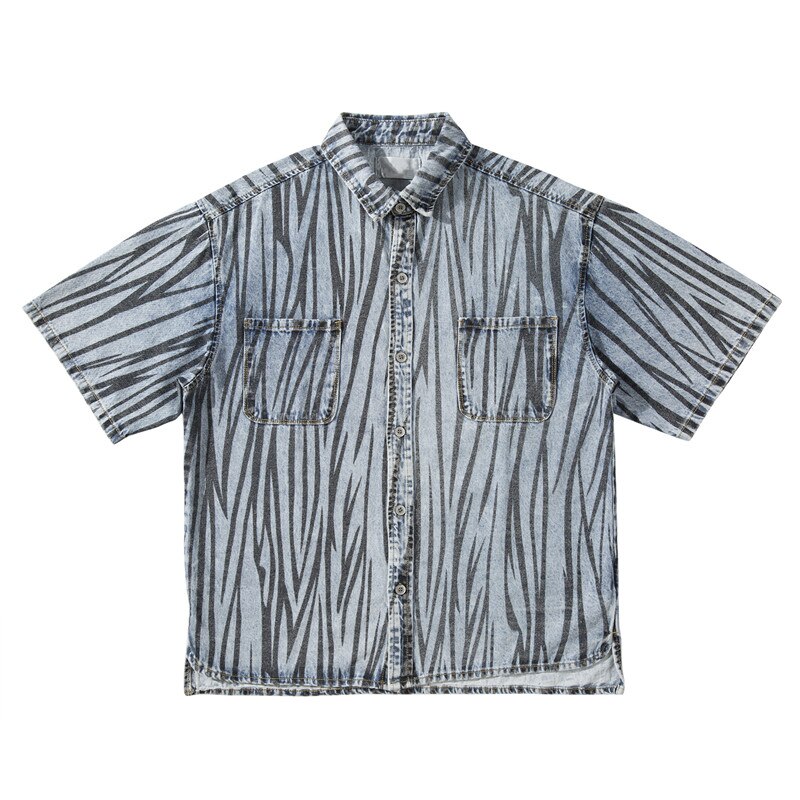 Dark icon zebra denim shirt mænd sommer foran kort ryg lang mænds shirt streetwear tøj: S