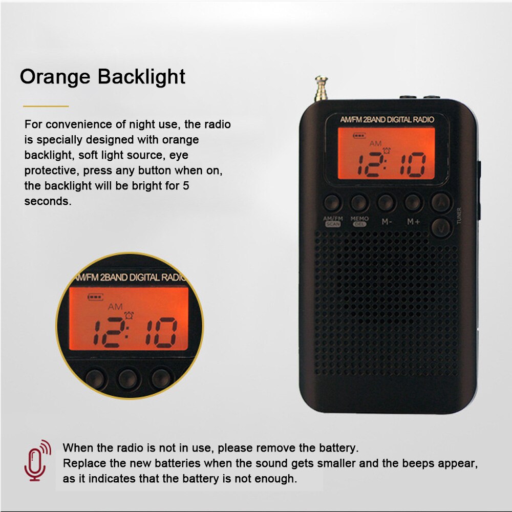 HRD-104 Portable AM / FM Stereo Pocket Radio 2-Band Digital Tuning Radio / Earphone Lanyard / 1.3 Inch LCD Display Screen