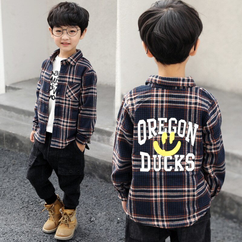 Jongens 4-12 Y Lange Mouwen Turn-Down Kraag Plaid Shirts Letters Patroon Warme Fleece Lente Herfst blouses Shirts
