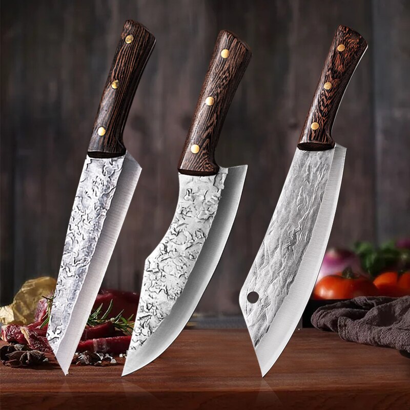 Cuchillo japonés para deshuesar, utensilio de cocina de acero, hecho a mano, Santoku: 3pcs