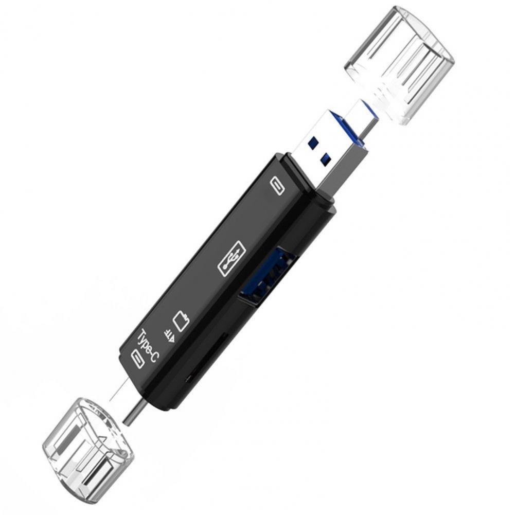 Adaptador de lector de tarjetas Plug Play de alta velocidad 5 en 1 USB-C 3,0 tipo C lector de tarjetas TF para teléfono tableta ordenador: Negro