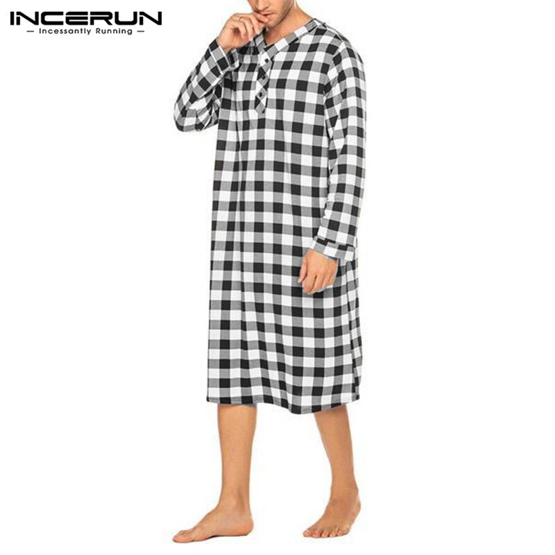INCERUN nouveaux hommes sommeil Robes à manches longues col en V Plaid chemises de nuit homme bouton en vrac respirant vêtements de nuit casual longues peignoirs