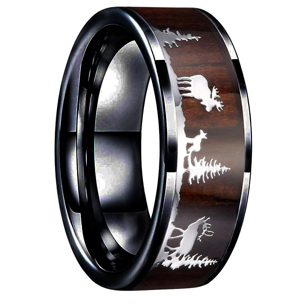 Bague de mariage en bois massif pour Couple, 8mm, en acier inoxydable, incrusté de cerf, bijou d'anniversaire de mariage, pour hommes et femmes,: 13 / Black