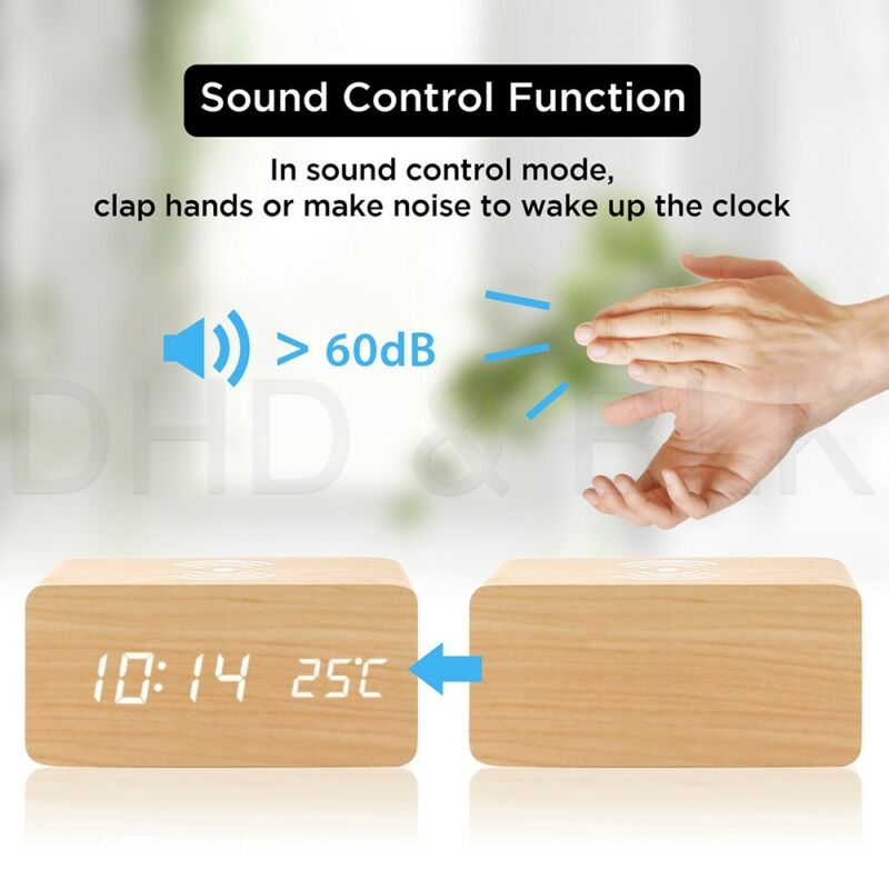 Moderne Thuis Houten Hout Digitale Led Desk Wekker Thermometer Qi Draadloze Oplader Voor Iphone