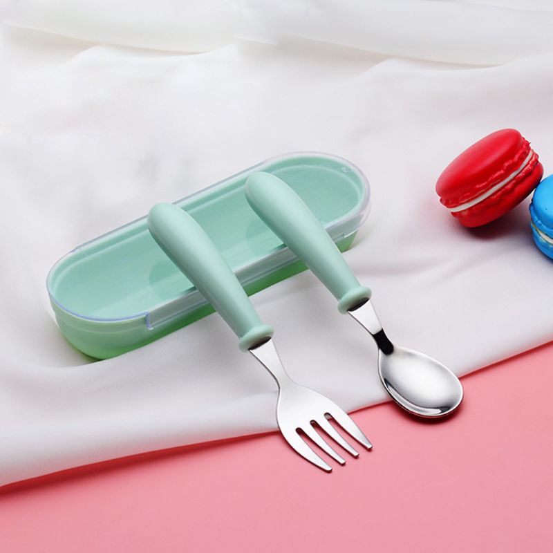 2pcs/lot Baby Feeding Spoon Fork Set Stainless Steel Toddler Infant Tableware Flatware Kids Cutlery with Ant-Dust Box