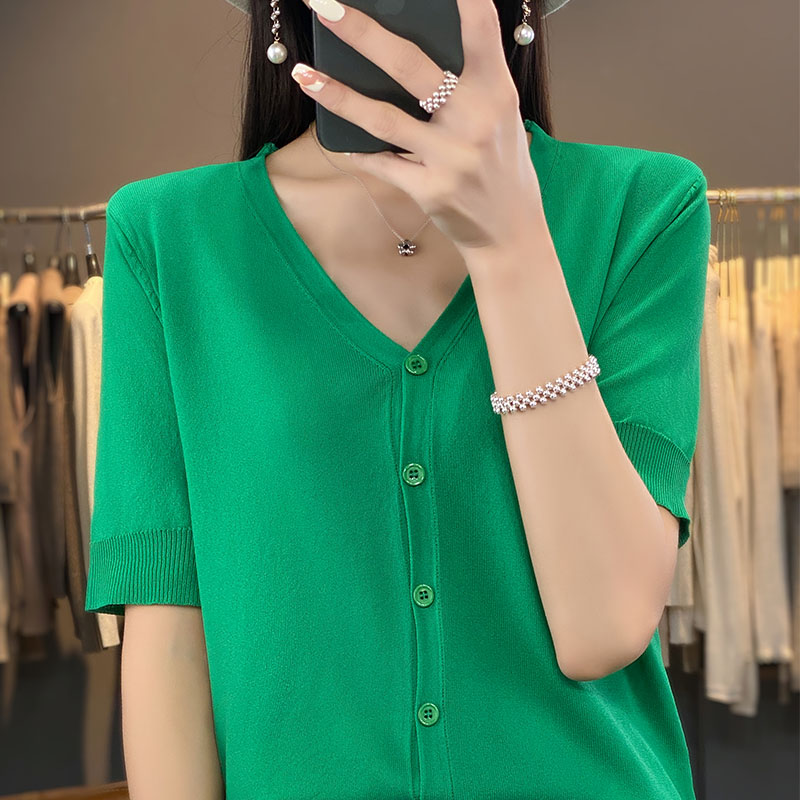 Lente En Zomer Nieuw Ijs Zijde Vest Korte Mouw V-Hals Joker Losse Dunne T-Shirt Trui Bottom Shirt Top