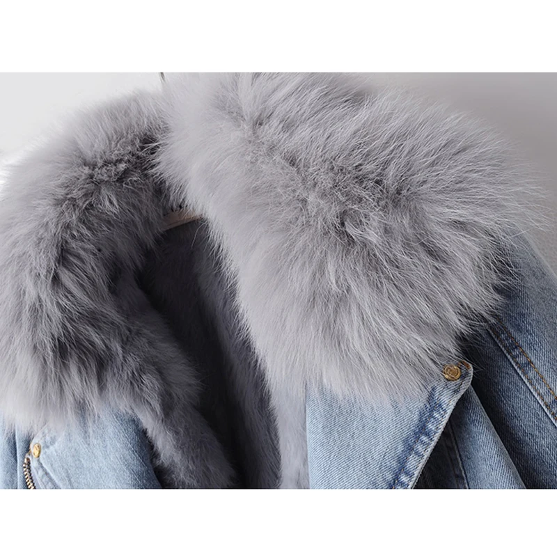 Vinter naturlig revepels krage kaninpelsfôr denimjakke dame cowboy ytterjakke løs kort glidelås jeansjakke frakk dame