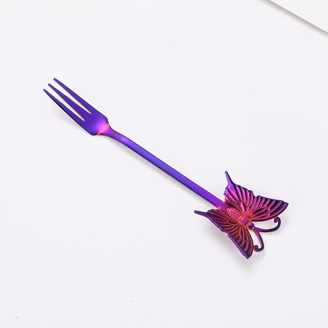 Dessert Cake Fork Stainless Steel Coffee Spoon Butterfly Fruit Fork Milk Shake Spoon Reusable Spoon Smoothie Spoon: Purple-Fork