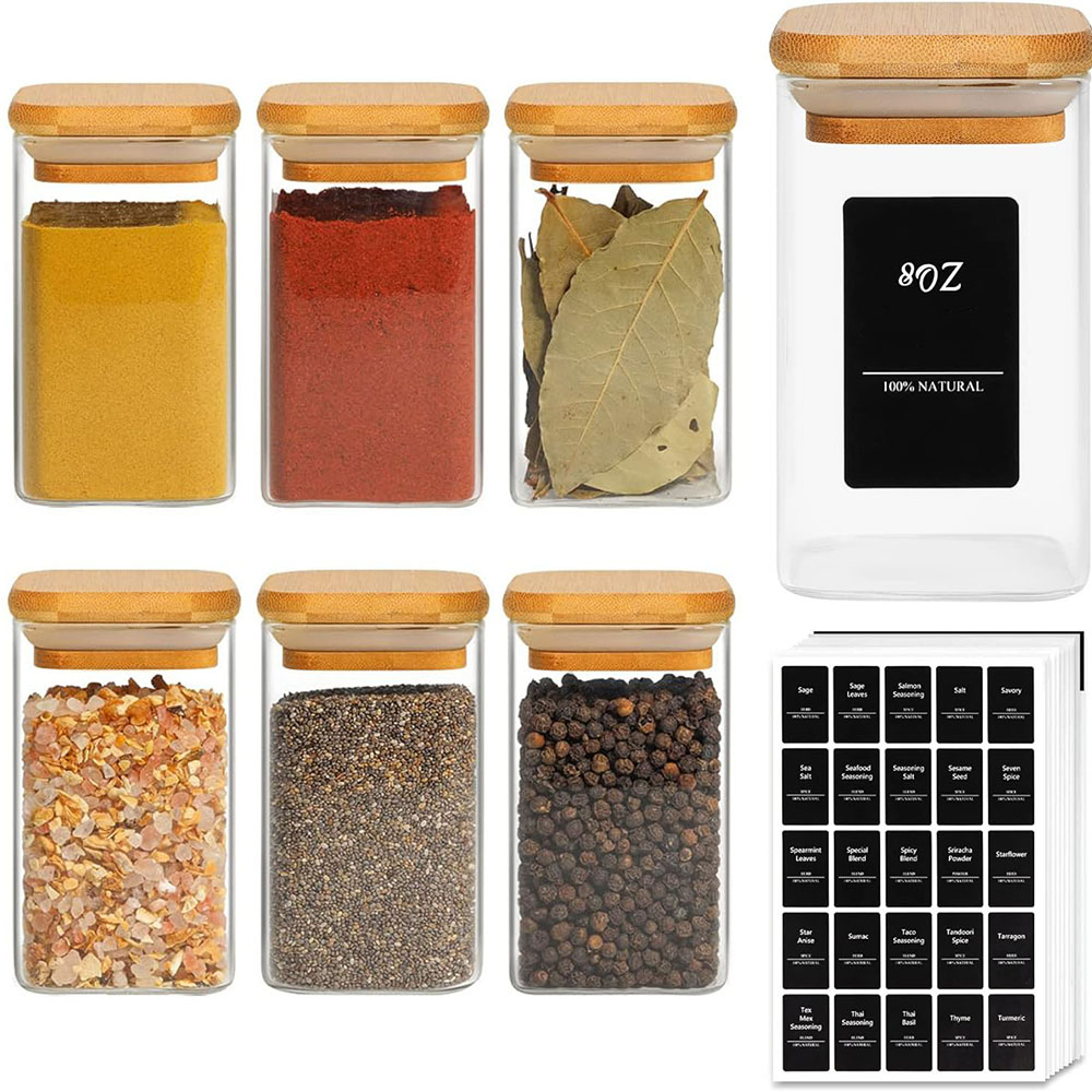 Glazen kruidenpotjes met bamboe deksel, 8oz luchtdichte vierkante containers met zwarte labels, lege kruidenpotten voor kruidenzoutsuiker
