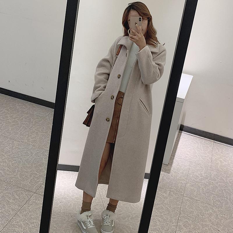 Manteau en laine mi-long style coréen pour femme, vêtement d'extérieur noir à col rabattu, style slim, collection printemps-automne