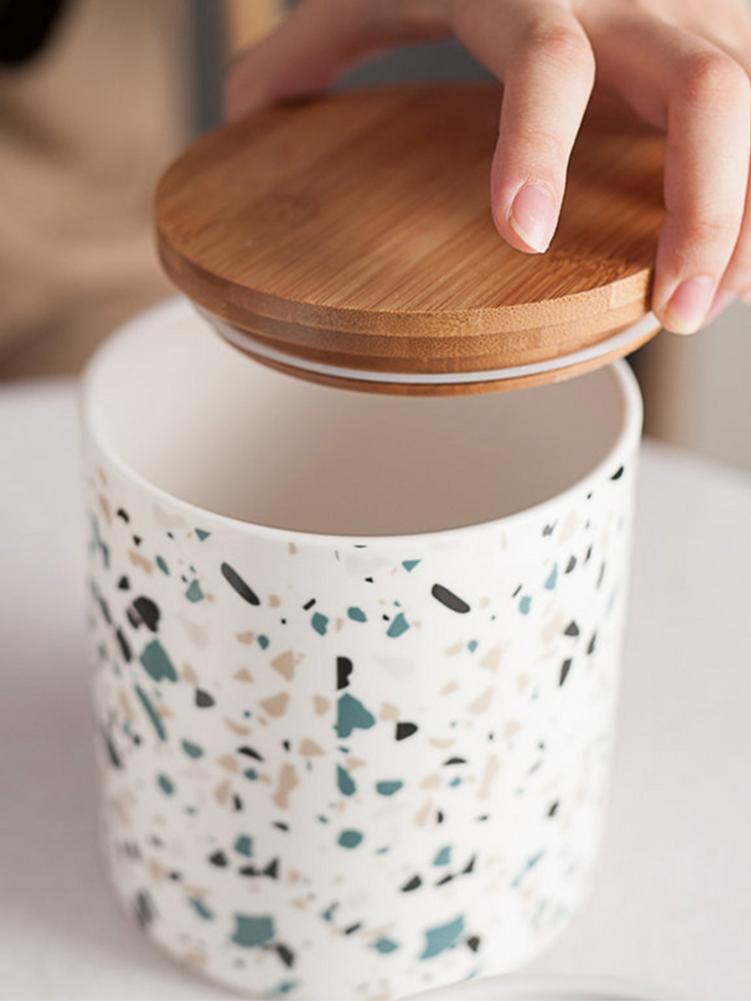 Tarro de almacenamiento de alimentos, tarro de almacenamiento de alimentos de cerámica con sello hermético tapa de bambú moderno recipiente para almacenar comida Kitche de cerámica blanca