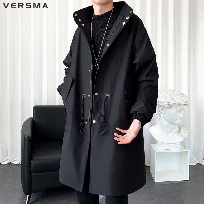 VERSMA Korean Trendy Black Mens Long Trench Coat Men Plus Size British Style Solid Color Russian Waterproof Classic Windbreaker: Black / M