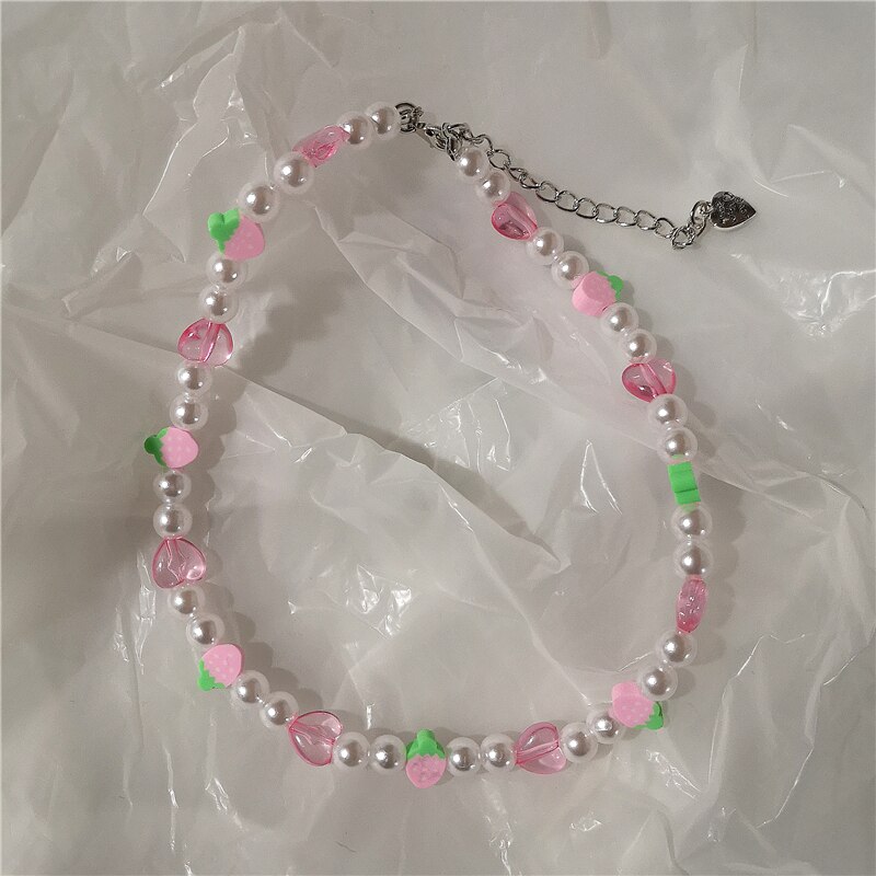 2022 new goth candy color pink pearl peach heart beaded necklace for female harajuku cute egirl party  y2k jewelry accessories: 2