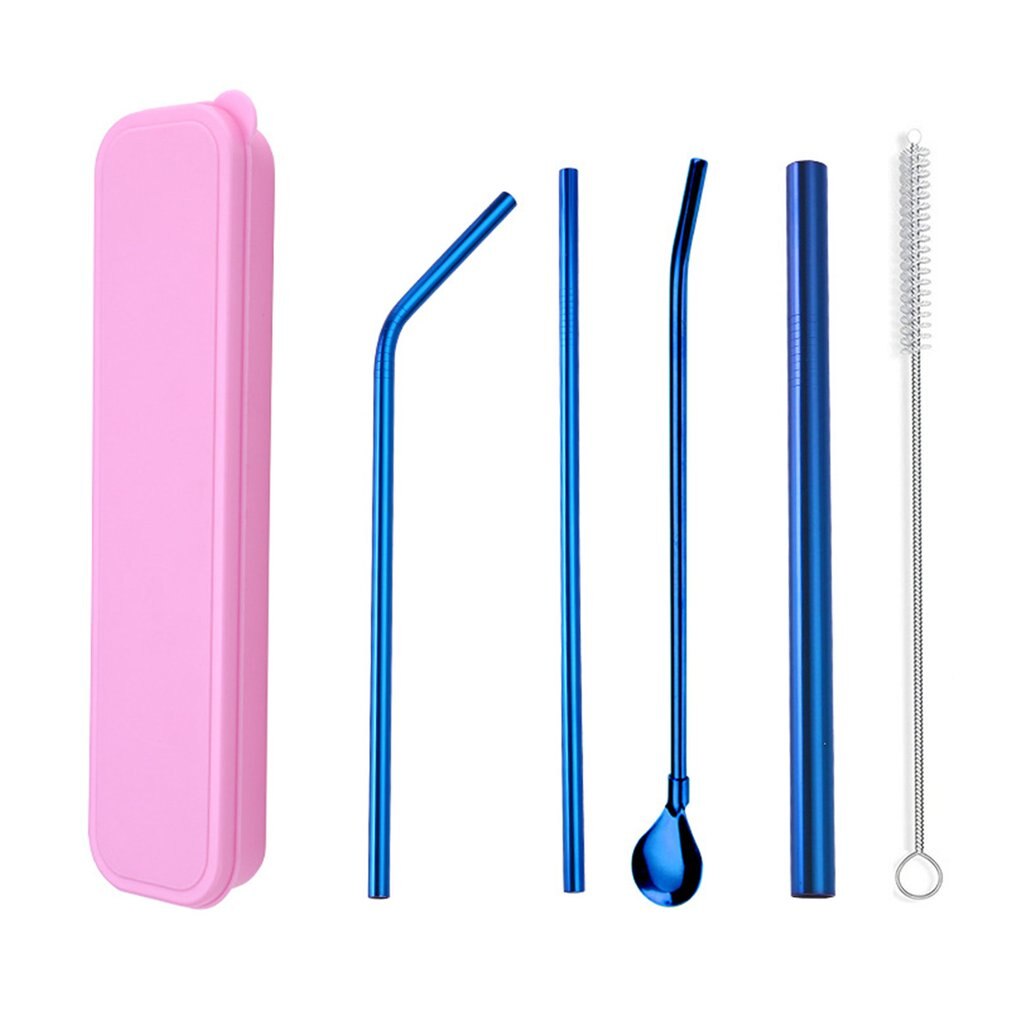 Set van 4 herbruikbare drinkrietjes van roestvrij staal, recht gebogen, breed melkrietje, pipetlepelset met reinigingsborstel en etui: Set 6