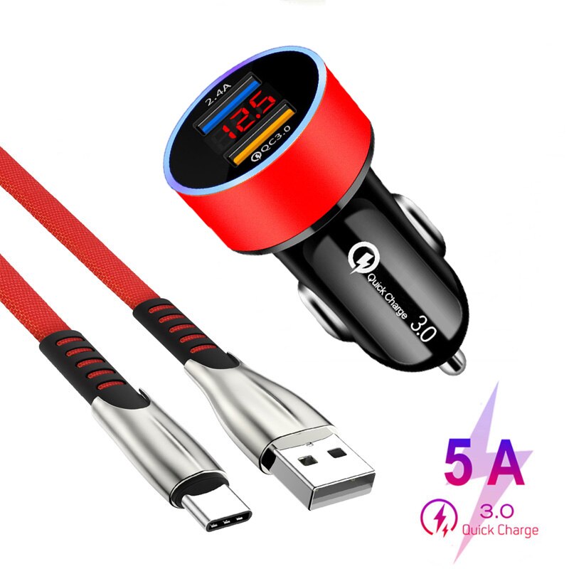 Car USB Charger QC 3.0 LED Quick Charging Adapter Type-c USB Cable For Samsung A30 A50 A70 M31 M51 A21S S9 S8 + Note 8 9 10 Cord