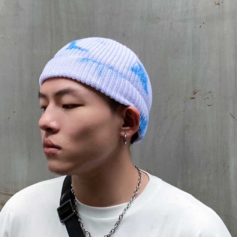 Unisex Autumn Winter Tie-Dye Ribbed Knitted Hat Soft Cuffed Short Melon Cap Men Women Sailor Style Beanie Hat